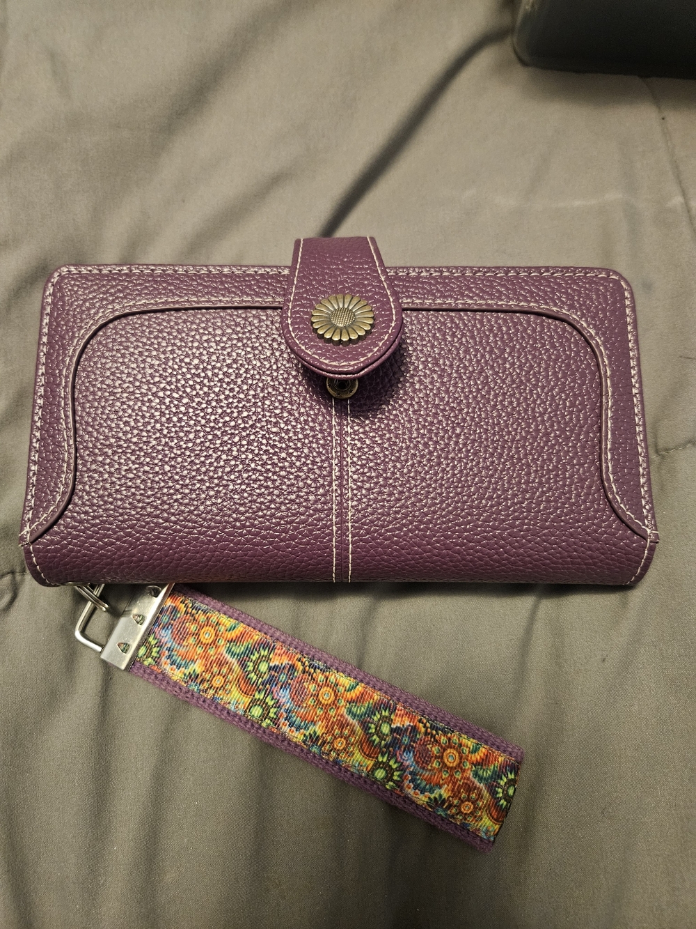 Purple Leather Wristlet Wallet with Floral Wrist Strap